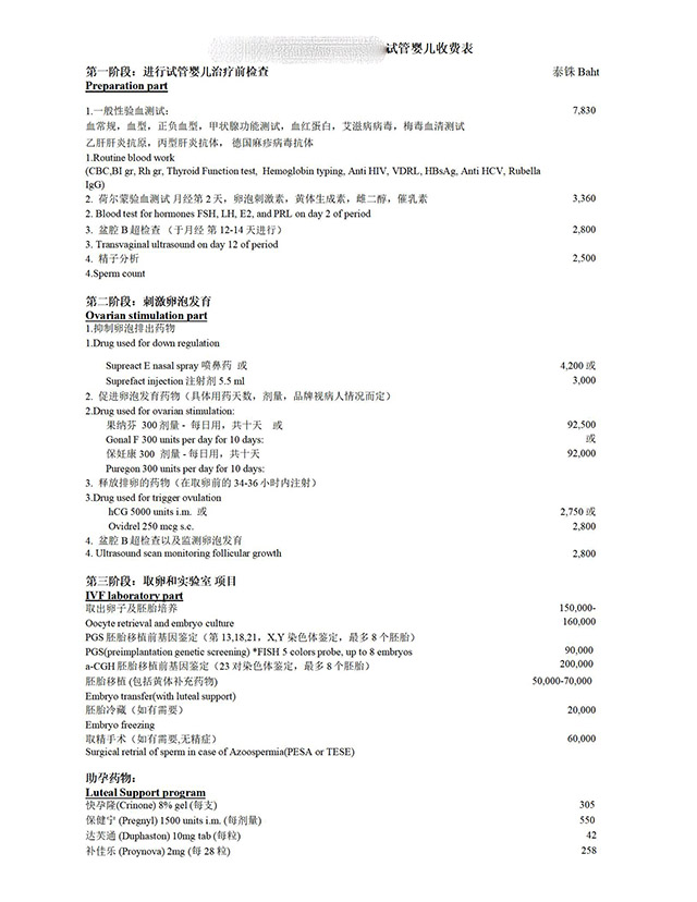 泰国三代试管价格一览表(含费用明细)